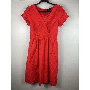 J. Crew Dress Knee Length V-Neck Flared Skirt Cap Sleeve Red Orange Size 4